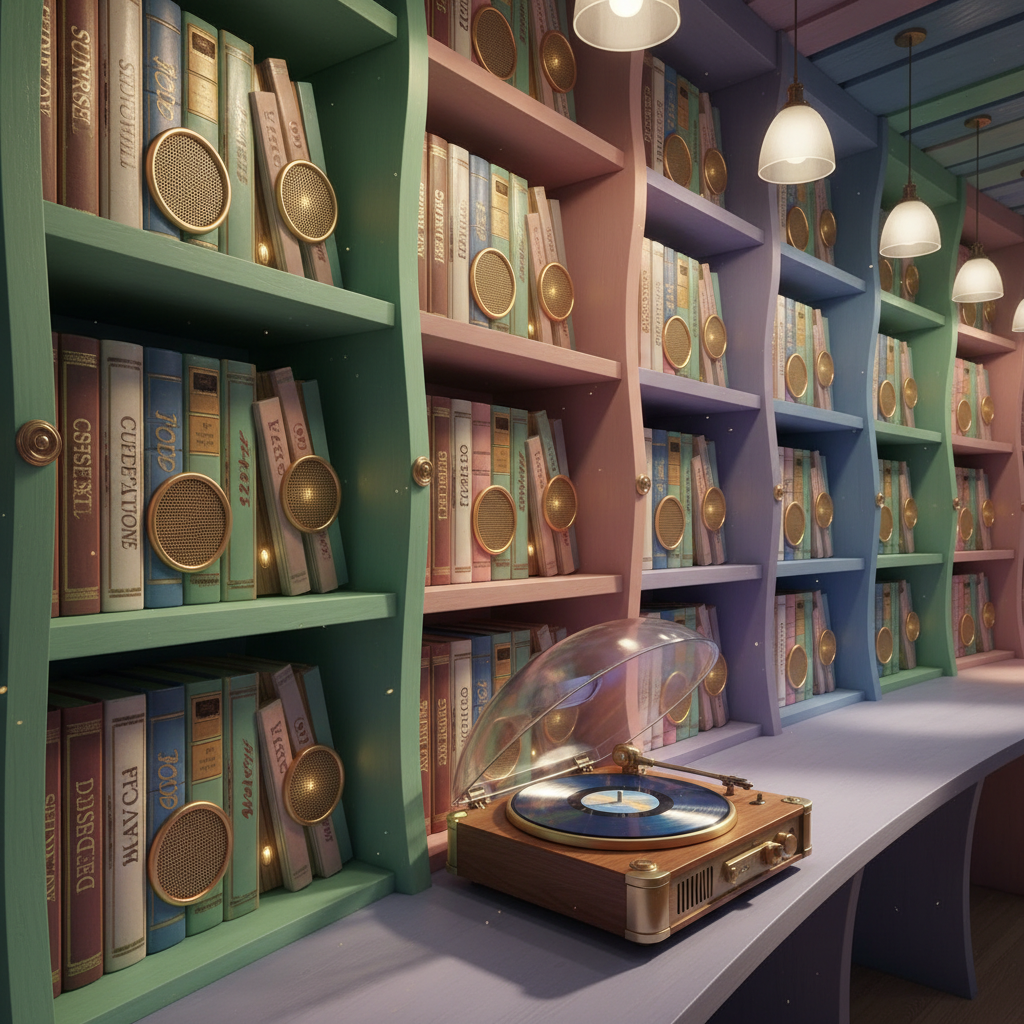 A whimsical “sound library” scene where rows of colorful, hardback books are actually disguised speakers and music players, each spine embossed with playlist themes like “Sunrise Chill” and “Thunderstorm Beats” in shiny metallic lettering. The shelves are painted in alternating pastel tones, and tiny, glowing LEDs peek through speaker grilles hidden among the books. A vintage-style turntable sits on the lowest shelf, its translucent lid half open, revealing a clear vinyl record. Soft, warm pendant lighting from above casts dappled highlights across glossy surfaces and gentle shadows into the deeper shelves. Photographic realism from a slightly low, wide-angle perspective emphasizes depth and playfulness, creating an atmosphere of magical, imaginative exploration.