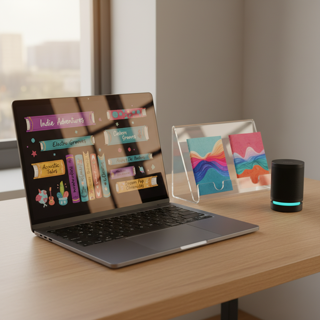 A sleek laptop on a light oak desk displaying a colorful music library interface, each playlist represented as a whimsical, illustrated book spine with playful titles. Next to the laptop, a translucent acrylic stand holds a few printed playlist “chapters” like mini booklets, their covers featuring abstract soundwave art in vivid blues, pinks, and oranges. A small, modern speaker glows with a subtle LED ring, hinting at music playing. Soft afternoon light from a side window creates clean reflections on the laptop screen and gentle gradients across the desk. Shot at eye level with a slight three-quarter angle, the composition feels dynamic yet tidy. The mood is energetic but cozy, emphasizing digital exploration in a playful, photographic-real style.