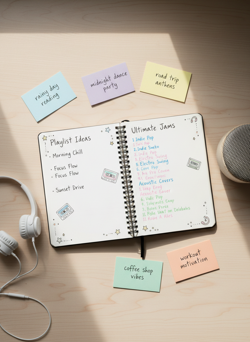 An overhead photographic view of an open, sketchbook-style music journal on a pale wooden desk, each page filled with handwritten playlist titles, tiny doodles of cassette tapes, and color-coded track lists. Around the journal are scattered pastel index cards labeled with moods like “rainy day reading” and “midnight dance party,” along with neatly coiled headphones and a small, glowing portable speaker. Soft diffused daylight from a nearby window washes across the scene, creating a gentle, even light with subtle shadows under the objects. The atmosphere is playful and creative, as if in the middle of building new playlists. The composition uses a flat-lay style with balanced spacing and sharp focus throughout for clean, modern photographic realism.