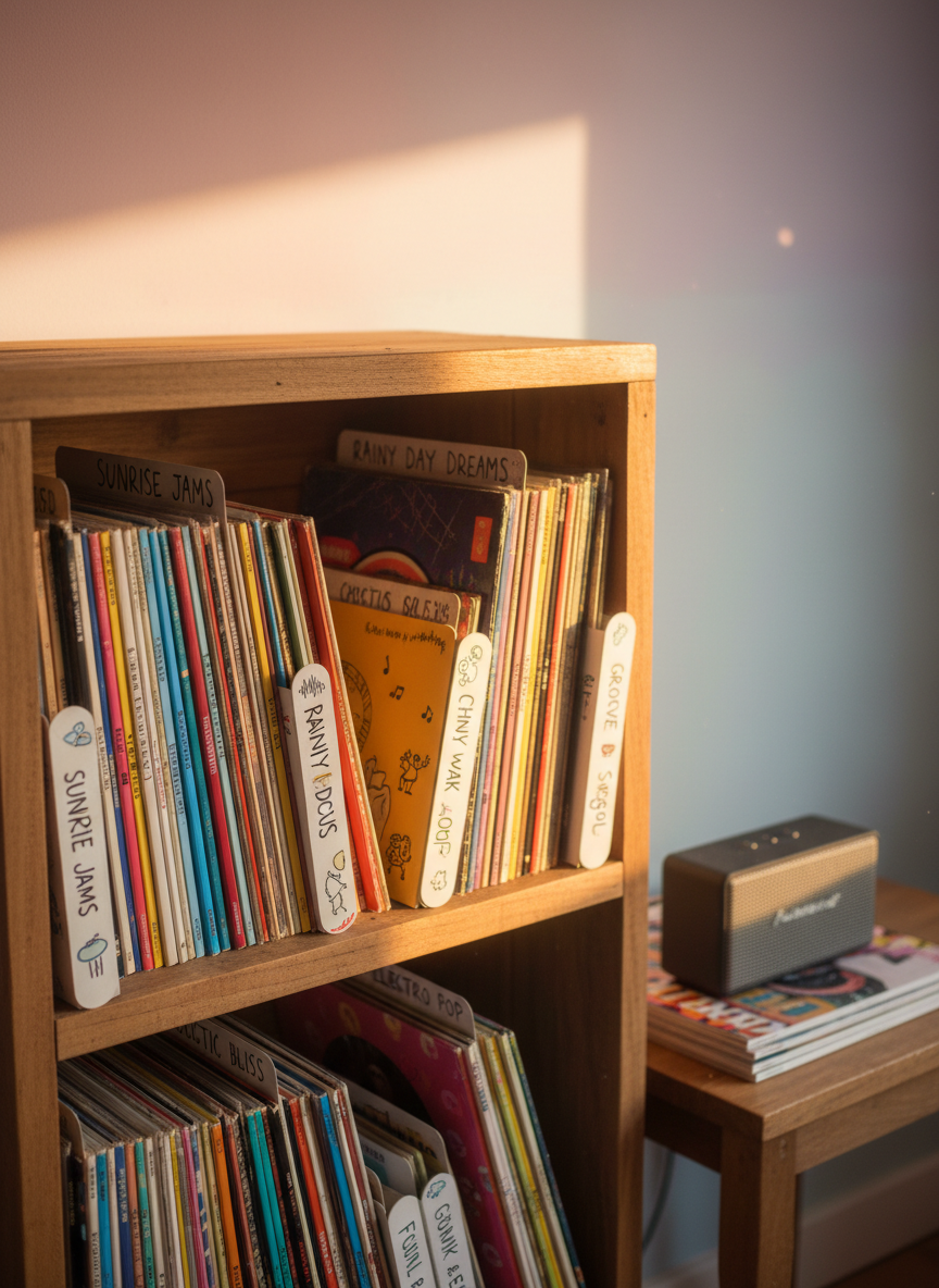 A cozy wooden bookshelf filled not with novels but with colorful vinyl records and neatly labeled playlist cards, each spine showing playful handwritten titles and tiny doodles of musical notes. The shelf stands against a soft pastel wall, beside a small Bluetooth speaker resting on a stack of music magazines. Warm golden hour sunlight pours in from an unseen window, creating glowing highlights on glossy album covers and gentle shadows between shelves. Photographic realism with a slightly elevated angle and shallow depth of field keeps the focus on the central records, while the background softly blurs. The mood is inviting, playful, and curious, like discovering a friend’s secret music stash in a quiet afternoon.